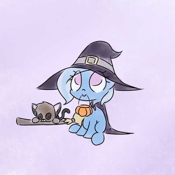 Size: 1280x1280 | Tagged: safe, artist:bakasan, banned from derpibooru, deleted from derpibooru, derpibooru import, trixie, cat, pony, unicorn, the little magician, broom, c:, cape, clothes, costume, cute, diatrixes, female, filly, flying, flying broomstick, gradient background, halloween, hat, holiday, looking up, mouth hold, nightmare night, no pupils, pumpkin bucket, simple background, sitting, smiling, solo, trick or treat, witch hat