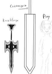 Size: 1280x1829 | Tagged: safe, artist:quin, banned from derpibooru, deleted from derpibooru, derpibooru import, oc, bipedal, castlevania, crissaegrim, size comparison, sword, weapon