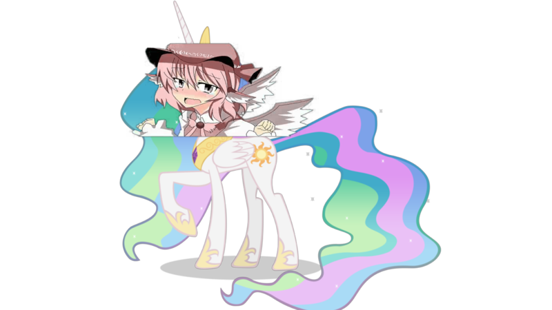 Size: 1280x720 | Tagged: safe, banned from derpibooru, deleted from derpibooru, derpibooru import, edit, princess celestia, bad edit, cloud, flying, mystia lorelei, not salmon, sky, touhou, wat