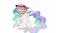 Size: 1280x720 | Tagged: safe, banned from derpibooru, deleted from derpibooru, derpibooru import, edit, princess celestia, bad edit, cloud, flying, mystia lorelei, not salmon, sky, touhou, wat