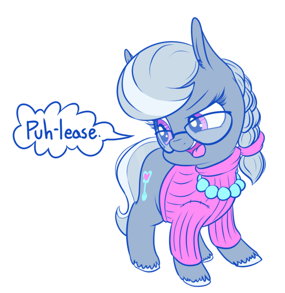 Size: 1000x1027 | Tagged: safe, artist:handsockz, banned from derpibooru, deleted from derpibooru, derpibooru import, silver spoon, clothes, glasses, hooves, solo, speech bubble, sweater, unshorn fetlocks