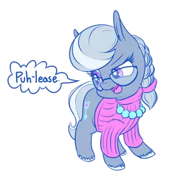 Size: 1000x1027 | Tagged: safe, artist:handsockz, banned from derpibooru, deleted from derpibooru, derpibooru import, silver spoon, clothes, glasses, hooves, solo, speech bubble, sweater, unshorn fetlocks