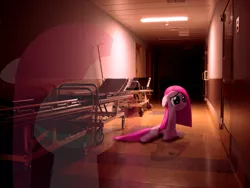 Size: 2560x1920 | Tagged: safe, artist:are2501, artist:azure-vortex, artist:sparkdraws, banned from derpibooru, deleted from derpibooru, derpibooru import, pinkie pie, pony, floppy ears, frown, hallway, hospital, irl, light, photo, pinkamena diane pie, ponies in real life, reflection, sad, shadow, sitting, solo, vector