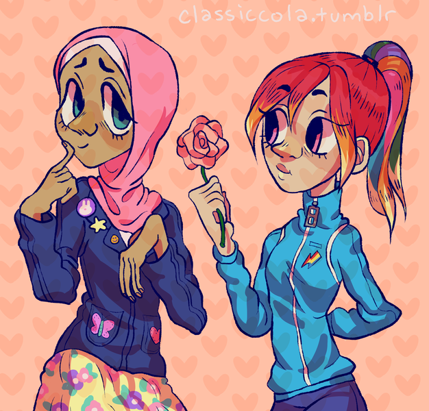 Size: 2910x2788 | Tagged: safe, artist:classiccola, banned from derpibooru, deleted from derpibooru, derpibooru import, fluttershy, rainbow dash, human, female, flower, flutterdash, hijab, humanized, islam, lesbian, light skin, moderate dark skin, shipping