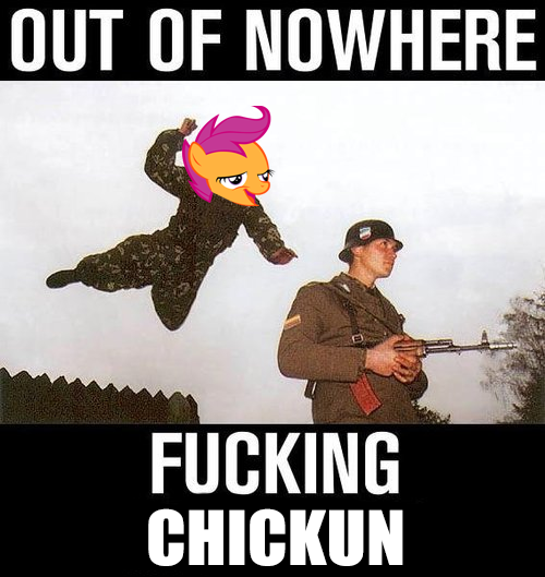 Size: 500x529 | Tagged: safe, banned from derpibooru, deleted from derpibooru, derpibooru import, scootaloo, caption, chickun, exploitable meme, faic, forced meme, meme, vulgar