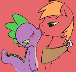 Size: 830x783 | Tagged: safe, artist:atrolux, banned from derpibooru, deleted from derpibooru, derpibooru import, big macintosh, spike, earth pony, pony, blushing, gay, kissing, male, shipping, simple background, spikentosh, stallion