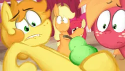 Size: 1280x720 | Tagged: safe, artist:nannurs, banned from derpibooru, deleted from derpibooru, derpibooru import, apple bloom, applejack, big macintosh, braeburn, food, lip bite, pear