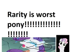 Size: 870x612 | Tagged: safe, banned from derpibooru, deleted from derpibooru, derpibooru import, rarity, sweetie belle, 1000 hours in ms paint, background pony strikes again, shit posting, shitposting, speech bubble, troll, trolling, worst pony