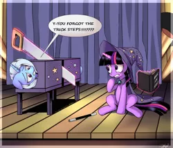 Size: 1400x1200 | Tagged: safe, artist:ponykillerx, banned from derpibooru, deleted from derpibooru, derpibooru import, trixie, twilight sparkle, pony, unicorn, abuse, box, box sawing trick, cape, clothes, dialogue, didn't think this through, female, hat, magic, magic trick, mare, robe, saw, stage, this will end in death, this will end in pain, this will end in tears, this will end in tears and/or death, trixie's cape, trixie's hat, trixiebuse, wand