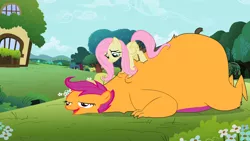 Size: 1280x720 | Tagged: safe, banned from derpibooru, deleted from derpibooru, derpibooru import, fluttershy, scootaloo, bear, chickun, exploitable meme, faic, forced meme, meme