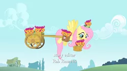 Size: 1280x720 | Tagged: safe, banned from derpibooru, deleted from derpibooru, derpibooru import, edit, screencap, fluttershy, scootaloo, feeling pinkie keen, bag, basket, chickun, exploitable meme, faic, forced meme, meme, saddle bag, text, wagon