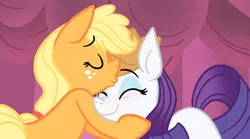 Size: 1280x713 | Tagged: safe, artist:nannurs, banned from derpibooru, deleted from derpibooru, derpibooru import, applejack, rarity, accessory swap, female, kissing, lesbian, rarijack, shipping