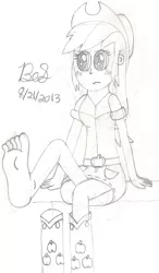 Size: 683x1169 | Tagged: safe, artist:b-cacto, banned from derpibooru, deleted from derpibooru, derpibooru import, applejack, equestria girls, feet, fetish, foot fetish, monochrome, solo, traditional art