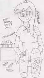 Size: 347x614 | Tagged: safe, artist:b-cacto, banned from derpibooru, deleted from derpibooru, derpibooru import, derpy hooves, human, feet, fetish, foot fetish, humanized, monochrome, soles, solo, traditional art