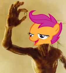 Size: 400x442 | Tagged: safe, banned from derpibooru, deleted from derpibooru, derpibooru import, scootaloo, chickun, exploitable meme, faic, forced meme, gollum, lord of the rings, meme