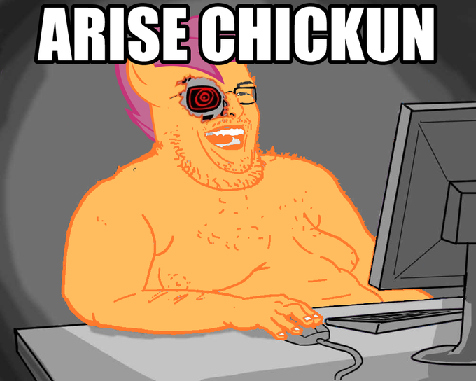 Size: 680x544 | Tagged: safe, banned from derpibooru, deleted from derpibooru, derpibooru import, scootaloo, chickun, exploitable meme, faic, forced meme, meme, neckbeard