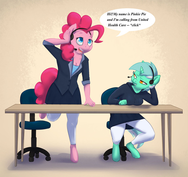 Size: 1280x1206 | Tagged: safe, artist:atrolux, banned from derpibooru, deleted from derpibooru, derpibooru import, lyra heartstrings, pinkie pie, anthro, unguligrade anthro, breasts, cleavage, clothes, desk, dialogue, female, headset, hoodie, jacket, leggings, table, telemarketer, work, working