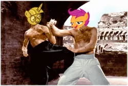 Size: 600x402 | Tagged: safe, banned from derpibooru, deleted from derpibooru, derpibooru import, scootaloo, twilight sparkle, alicorn, princess twilight sparkle (episode), season 4, bruce lee, chickun, chickun vs twilight scepter, chuck norris, exploitable meme, faic, forced meme, meme, scepter, twilight scepter, twilight sparkle (alicorn)