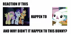 Size: 1420x674 | Tagged: safe, banned from derpibooru, deleted from derpibooru, derpibooru import, angel bunny, applejack, fluttershy, rarity, spike, castle mane-ia, season 4, abuse, drama, drama bait, exploitable meme, meme, meta, reaction if, spikeabuse, spike drama