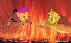 Size: 1617x976 | Tagged: safe, banned from derpibooru, deleted from derpibooru, derpibooru import, scootaloo, twilight sparkle, chickun, chickun vs twilight scepter, exploitable meme, faic, fire, forced meme, meme, scar, scepter, simba, the lion king, twilight scepter