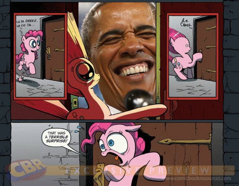 Size: 900x700 | Tagged: safe, banned from derpibooru, deleted from derpibooru, derpibooru import, idw, pinkie pie, human, barack obama, exploitable meme, meme, obligatory pony, surprise door