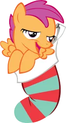 Size: 1082x1996 | Tagged: safe, banned from derpibooru, deleted from derpibooru, derpibooru import, scootaloo, chickun, christmas, christmas stocking, exploitable meme, faic, forced meme, holiday, meme, solo