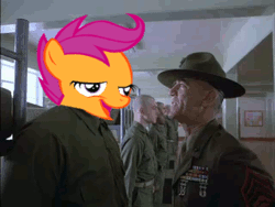 Size: 320x240 | Tagged: safe, banned from derpibooru, deleted from derpibooru, derpibooru import, scootaloo, human, animated, chickun, exploitable meme, faic, forced meme, full metal jacket, meme