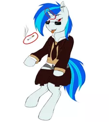 Size: 900x1000 | Tagged: suggestive, artist:lovable-java, banned from derpibooru, deleted from derpibooru, derpibooru import, vinyl scratch, pony, bipedal, female, piercing, smoking, solo, solo female, undressing