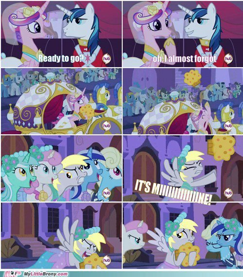 Size: 500x569 | Tagged: safe, banned from derpibooru, deleted from derpibooru, derpibooru import, derpy hooves, lyra heartstrings, minuette, princess cadance, shining armor, twinkleshine, comic, food, muffin