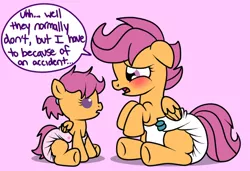 Size: 500x341 | Tagged: safe, artist:fillyscoots42, banned from derpibooru, deleted from derpibooru, derpibooru import, scootaloo, pony, ask baby scoots, baby, baby pony, blushing, crinkleloo, crossover, diaper, embarrassed, foal, self ponidox, tumblr