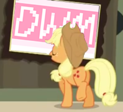 Size: 250x229 | Tagged: safe, artist:uglyfun, banned from derpibooru, deleted from derpibooru, derpibooru import, edit, screencap, applejack, earth pony, butt, doctor who thread, down with molestia, drama, plot, solo, the ass was fat