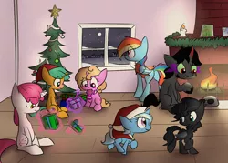 Size: 1280x914 | Tagged: safe, artist:bakasan, banned from derpibooru, deleted from derpibooru, derpibooru import, king sombra, lovestruck, rainbow dash, snails, trixie, oc, the little magician, christmas, christmas tree, female, filly, glitter shell, hat, holiday, pirate dash, present, santa hat, tree