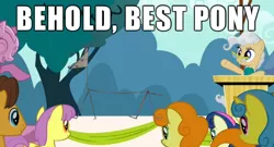 Size: 606x327 | Tagged: safe, banned from derpibooru, deleted from derpibooru, derpibooru import, bon bon, caramel, carrot top, golden harvest, lemon hearts, mayor mare, parasol, sweetie drops, baloney, behold, best pony, caption, glasses, image macro, meme, podium, quality, stylistic suck, text