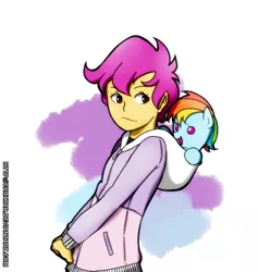 Size: 550x580 | Tagged: safe, artist:cruxtar, banned from derpibooru, deleted from derpibooru, derpibooru import, rainbow dash, scootaloo, pony, equestria girls, baby, baby dash, baby pony, clothes, female, filly, foal, hoodie, pony pet, younger