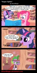 Size: 726x1444 | Tagged: safe, artist:silverslinger, banned from derpibooru, deleted from derpibooru, derpibooru import, pinkie pie, spike, twilight sparkle, twilight sparkle (alicorn), alicorn, pony, book, comic, disney's doug, doug, drool, female, food, frosting, mare, noodle incident, power ponies, quailman, reference