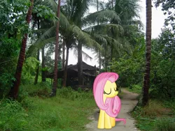 Size: 1632x1224 | Tagged: safe, artist:erccre147, artist:laopokia, banned from derpibooru, deleted from derpibooru, derpibooru import, fluttershy, pony, building, irl, photo, ponies in real life, solo, tree, walkway