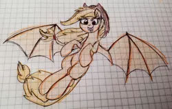 Size: 1125x710 | Tagged: safe, artist:imarieu, banned from derpibooru, deleted from derpibooru, derpibooru import, applejack, bat pony, pony, applebat, bat ponified, fangs, graph paper, race swap, solo, traditional art