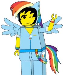Size: 686x821 | Tagged: safe, artist:rockettheracer, banned from derpibooru, deleted from derpibooru, derpibooru import, rainbow dash, clothes, cosplay, costume, lego, lego racers, minifig, rocket racer, solo