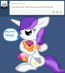 Size: 856x957 | Tagged: safe, artist:jolteongirl, banned from derpibooru, deleted from derpibooru, derpibooru import, cold front, scootaloo, oc, pony, ask baby scoots, ask, baby, baby pony, bottle, foal, scootaloo can't fly, tumblr