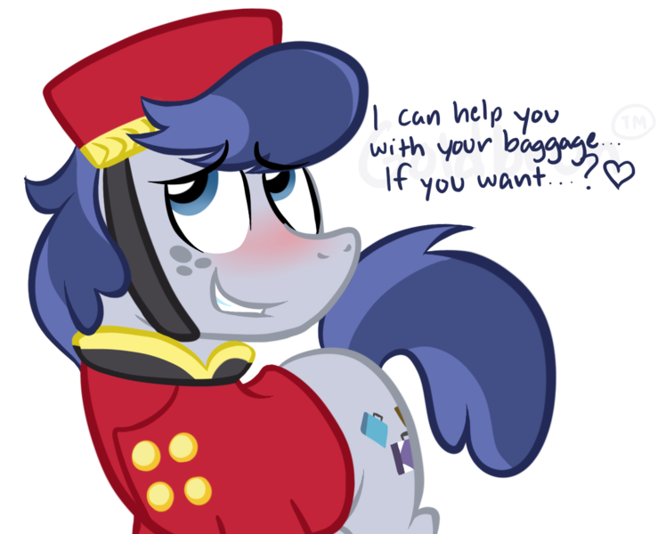 Size: 1134x910 | Tagged: safe, artist:nannurs, banned from derpibooru, deleted from derpibooru, derpibooru import, rarity takes manehattan, bellboy, bell hop, blushing, hat, solo