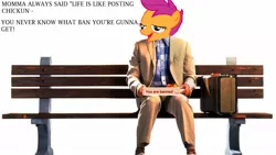 Size: 1278x720 | Tagged: safe, banned from derpibooru, deleted from derpibooru, derpibooru import, scootaloo, chickun, exploitable meme, faic, forced meme, forrest gump, meme, tom hanks