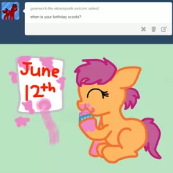 Size: 800x800 | Tagged: safe, artist:jolteongirl, banned from derpibooru, deleted from derpibooru, derpibooru import, scootaloo, pony, ask baby scoots, ask, baby, baby pony, calendar, cupcake, foal, food, messy, solo, tumblr