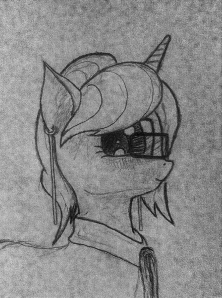 Size: 1530x2048 | Tagged: safe, artist:pyravia, banned from derpibooru, deleted from derpibooru, derpibooru import, pony, background pony, black and white, bust, cute, ear piercing, earring, glasses, grayscale, jewelry, monochrome, piercing, portrait, sketch, solo