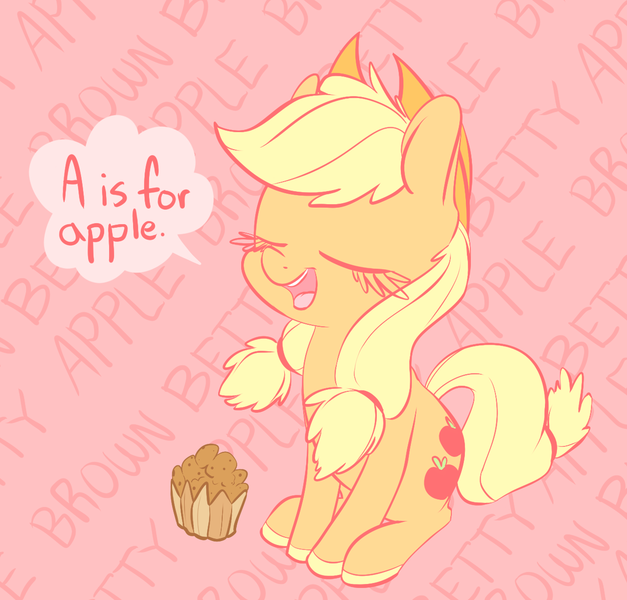 Size: 1253x1199 | Tagged: safe, artist:handsockz, banned from derpibooru, deleted from derpibooru, derpibooru import, applejack, rainbow falls, apple, apple brown betty (food), eyes closed, food, pigtails, sitting, solo, that pony sure does love apples