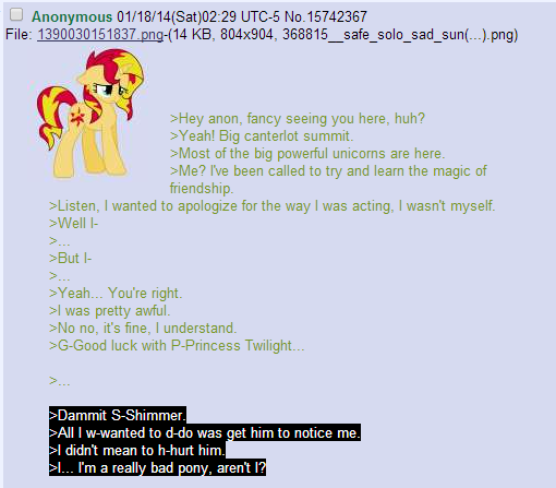 Size: 510x447 | Tagged: safe, artist:sjart117, banned from derpibooru, deleted from derpibooru, derpibooru import, sunset shimmer, oc, oc:anon, 4chan, anon in equestria, feels, greentext, /mlp/, rejection, rejection is magic, sad, text