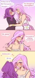 Size: 700x1564 | Tagged: safe, artist:ladybeemer, banned from derpibooru, deleted from derpibooru, derpibooru import, fleur-de-lis, rarity, human, bedroom eyes, blushing, comic, eye contact, eyes closed, eyeshadow, female, fleurity, flirting, grin, humanized, laughing, lesbian, looking at each other, makeup, shipping, smiling, sweat