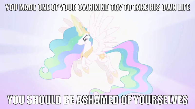 Size: 1280x720 | Tagged: semi-grimdark, banned from derpibooru, deleted from derpibooru, derpibooru import, screencap, princess celestia, alicorn, lesson zero, angry, bronybait, caption, female, floating, glowing horn, horn, michael morones, solo, solo female, suicide, text