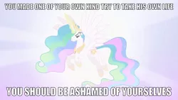 Size: 1280x720 | Tagged: semi-grimdark, banned from derpibooru, deleted from derpibooru, derpibooru import, screencap, princess celestia, alicorn, lesson zero, angry, bronybait, caption, female, floating, glowing horn, horn, michael morones, solo, solo female, suicide, text