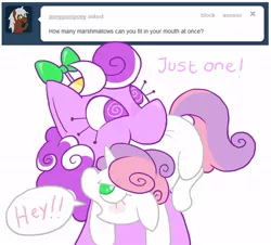 Size: 600x543 | Tagged: safe, banned from derpibooru, deleted from derpibooru, derpibooru import, screwball, sweetie belle, ask, cute, food, hat, marshmallow, mouth hold, propeller hat, swirly eyes, tumblr