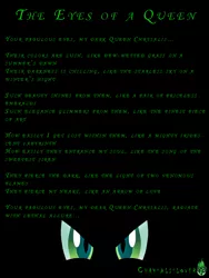 Size: 750x1000 | Tagged: safe, banned from derpibooru, deleted from derpibooru, derpibooru import, queen chrysalis, chrysalislover, chrysalislover is at it again, eye, eyes, poem, text